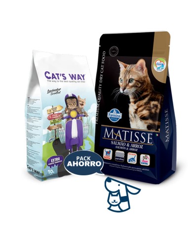 7.5kg GATO ADULTO SALMON Y ARROZ MATISSE + 8.5KG ARENA CATSWAY