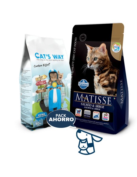 7.5kg GATO ADULTO SALMON Y ARROZ MATISSE + 8.5KG ARENA CATSWAY