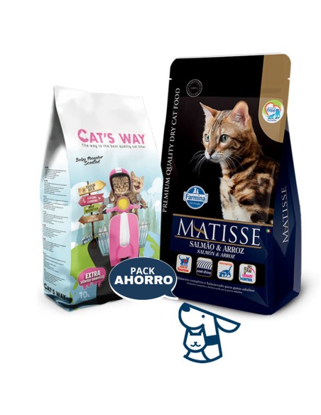 7.5kg GATO ADULTO SALMON Y ARROZ MATISSE + 8.5KG ARENA CATSWAY