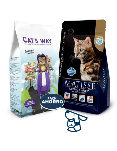7.5kg GATO ADULTO SALMON Y ARROZ MATISSE + 15.3KG ARENA CATSWAY