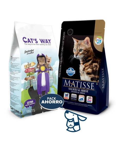 7.5kg GATO ADULTO SALMON Y ARROZ MATISSE + 15.3KG ARENA CATSWAY