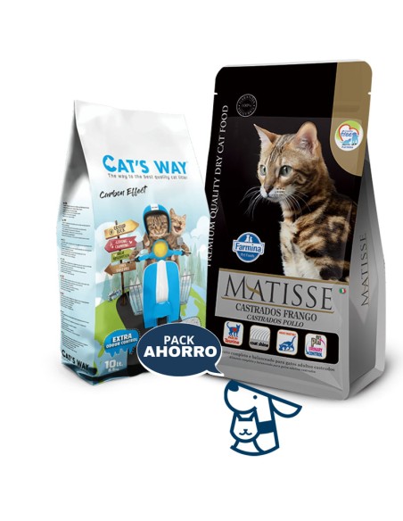 7.5KG GATO CASTRADO POLLO MATISSE + 8.5KG ARENA CATSWAY