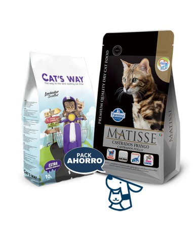 7.5KG GATO CASTRADO POLLO MATISSE + 8.5KG ARENA CATSWAY