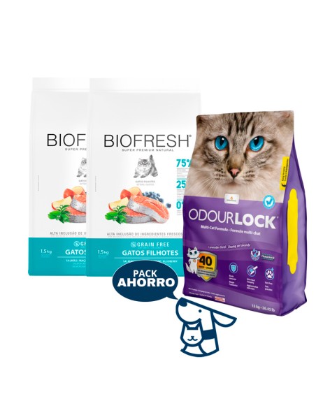 3 KG GATITO KITTEN GATO BIOFRESH SALMON + 12KG ARENA ODOURLOCK