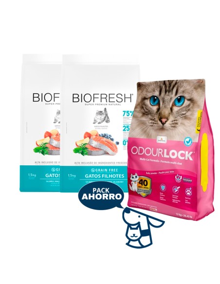 3 KG GATITO KITTEN GATO BIOFRESH SALMON + 12KG ARENA ODOURLOCK