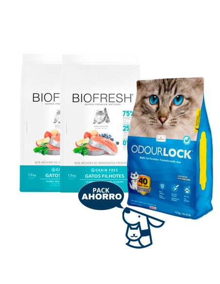 3 KG GATITO KITTEN GATO BIOFRESH SALMON + 12KG ARENA ODOURLOCK