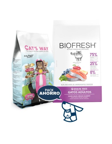 7.5KG GATO ADULTO BIOFRESH SALMON + 8.5KG ARENA CATSWAY